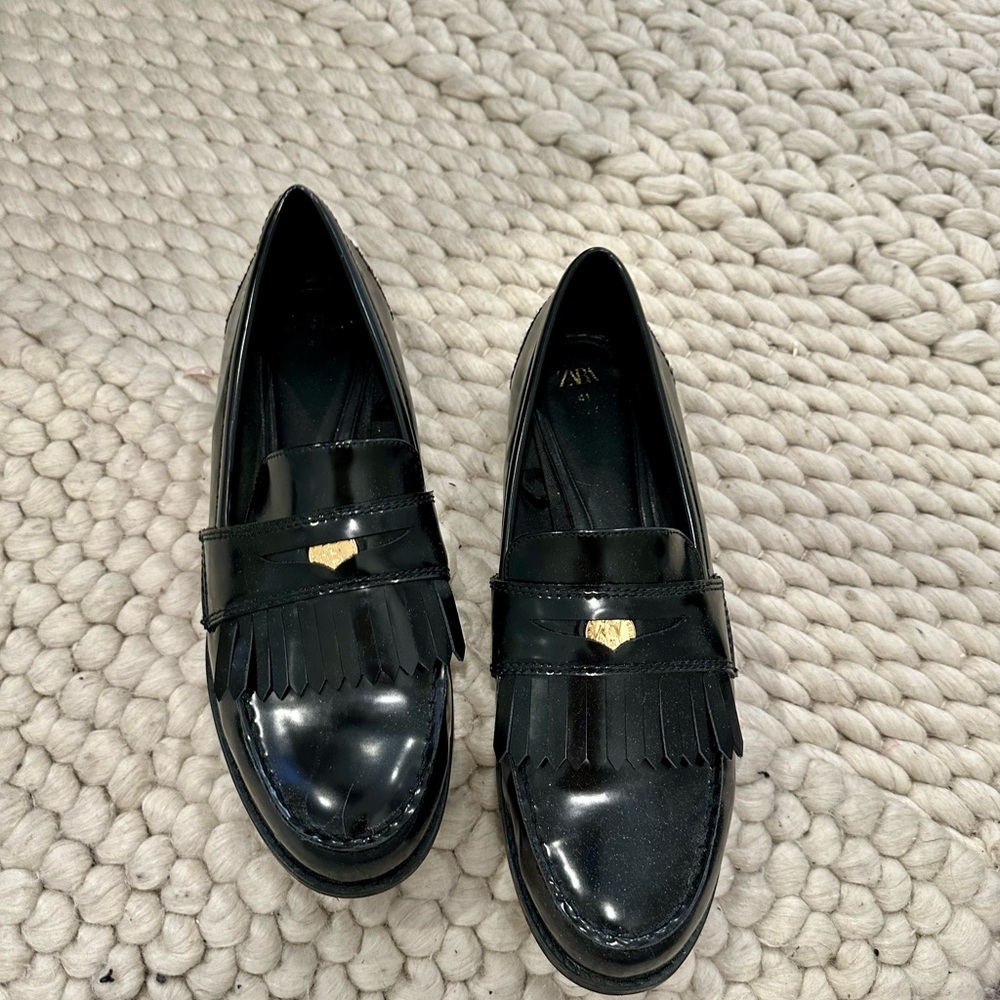 Black Patent Leather Loafers with Gold Ornament
